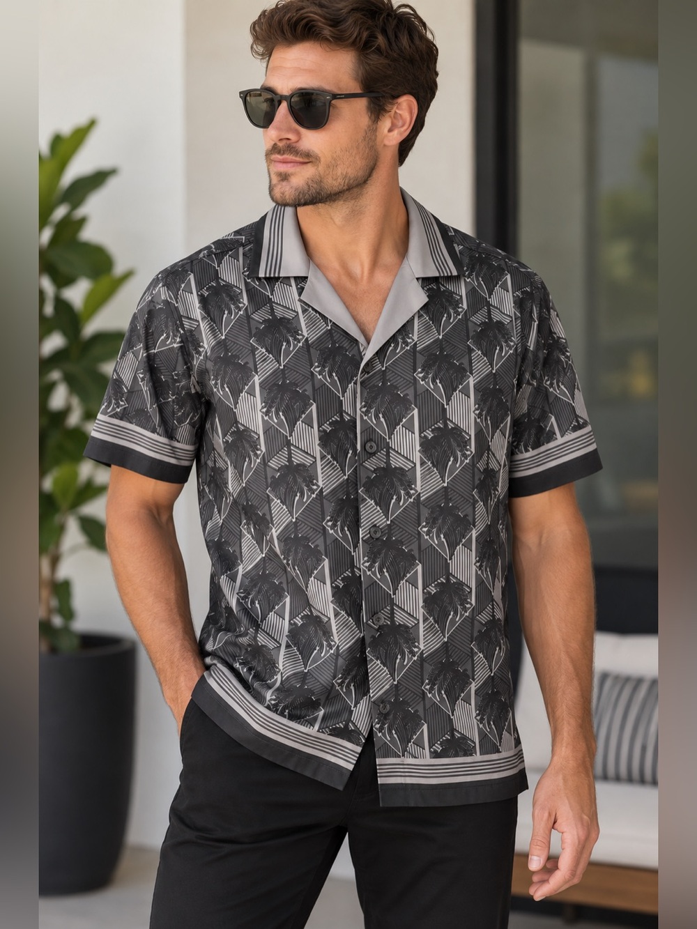 Stone Falcon Men’s Grey Geometric Palm Print Camp Shirt Size S NWT